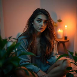 A young woman in an intimate and private setting, surrounded by soft and warm lighting, expressing her individuality