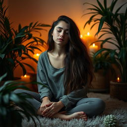 A young woman in an intimate and private setting, surrounded by soft and warm lighting, expressing her individuality