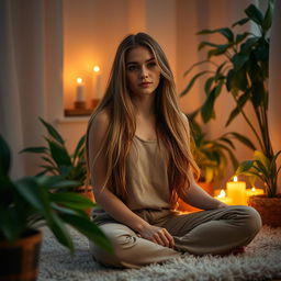 A young woman in an intimate and private setting, surrounded by soft and warm lighting, expressing her individuality