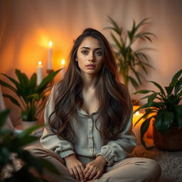 A young woman in an intimate and private setting, surrounded by soft and warm lighting, expressing her individuality