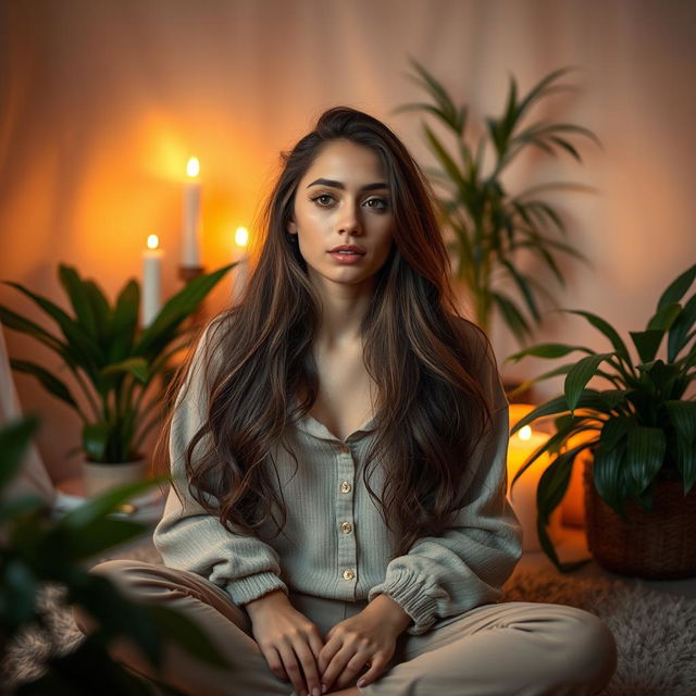 A young woman in an intimate and private setting, surrounded by soft and warm lighting, expressing her individuality