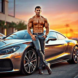A muscular individual confidently leaning against a sleek, stylish luxury car, showcasing their well-defined muscles