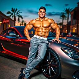 A muscular individual confidently leaning against a sleek, stylish luxury car, showcasing their well-defined muscles