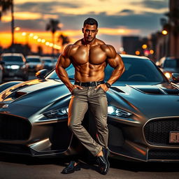 A muscular individual confidently leaning against a sleek, stylish luxury car, showcasing their well-defined muscles
