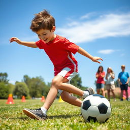 A young boy, around 10 years old, energetically playing football in a sunny park