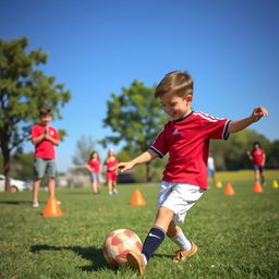 A young boy, around 10 years old, energetically playing football in a sunny park