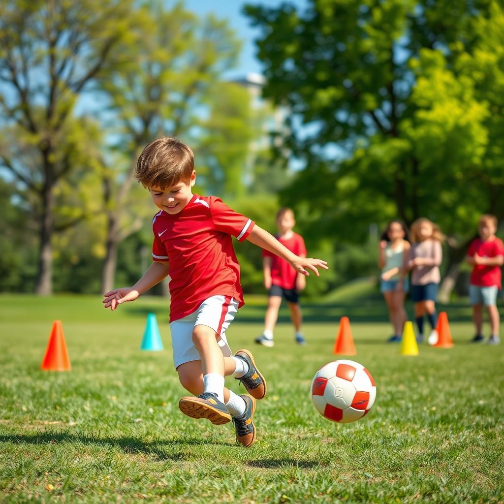 A young boy, around 10 years old, energetically playing football in a sunny park
