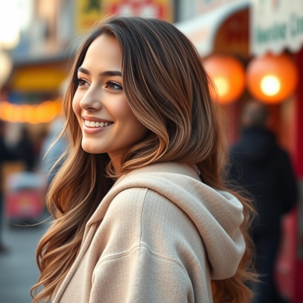 A beautiful 25-year-old woman wearing a cozy hoodie, looking sideways with a soft smile