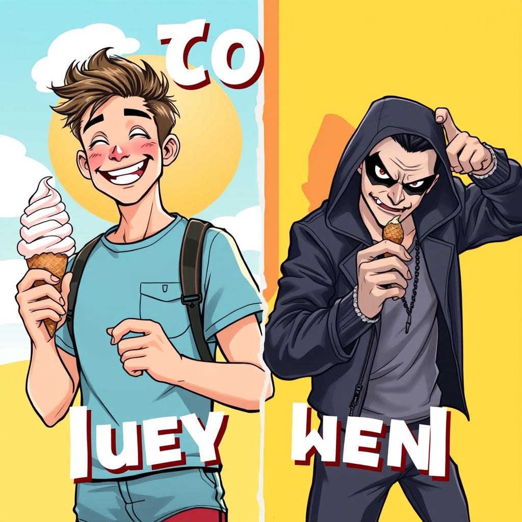A split cover illustration featuring a man on the left side holding an ice cream cone with a joyful, innocent smile, dressed in casual, colorful summer attire