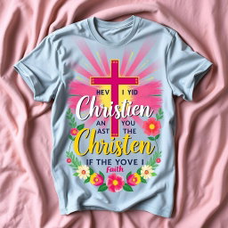 A beautiful and vibrant Christian-themed t-shirt design featuring an inspiring quote, cheerful colors, and artistic elements such as a cross, rays of light, and floral decorations