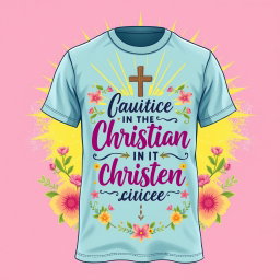 A beautiful and vibrant Christian-themed t-shirt design featuring an inspiring quote, cheerful colors, and artistic elements such as a cross, rays of light, and floral decorations