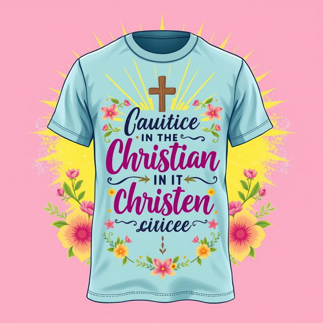 A beautiful and vibrant Christian-themed t-shirt design featuring an inspiring quote, cheerful colors, and artistic elements such as a cross, rays of light, and floral decorations