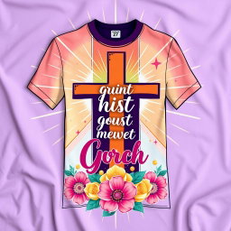 A beautiful and vibrant Christian-themed t-shirt design featuring an inspiring quote, cheerful colors, and artistic elements such as a cross, rays of light, and floral decorations