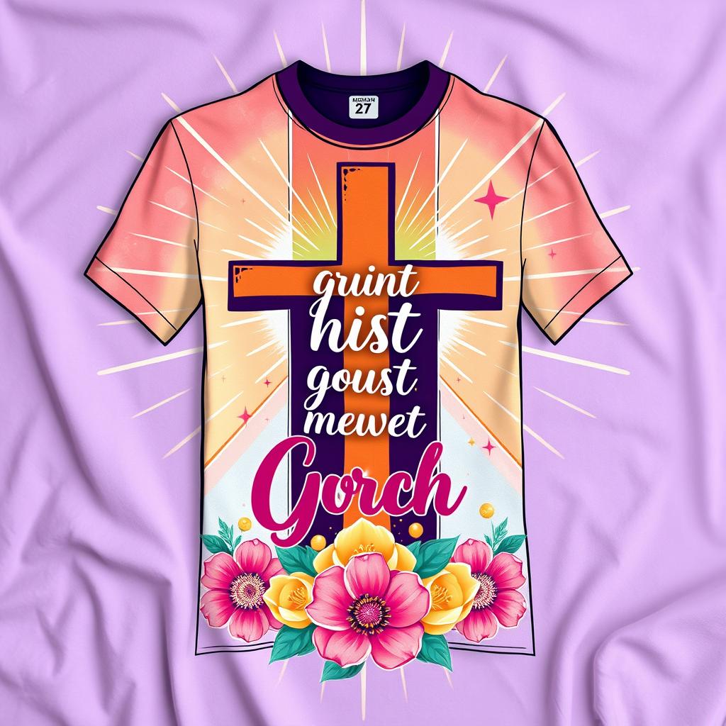 A beautiful and vibrant Christian-themed t-shirt design featuring an inspiring quote, cheerful colors, and artistic elements such as a cross, rays of light, and floral decorations
