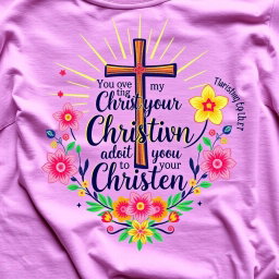 A beautiful and vibrant Christian-themed t-shirt design featuring an inspiring quote, cheerful colors, and artistic elements such as a cross, rays of light, and floral decorations