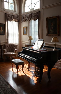 A beautifully crafted vintage piano set against a backdrop of an elegant, softly lit room