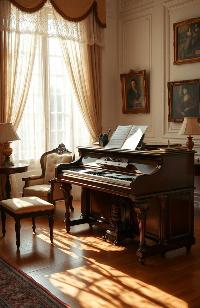 A beautifully crafted vintage piano set against a backdrop of an elegant, softly lit room
