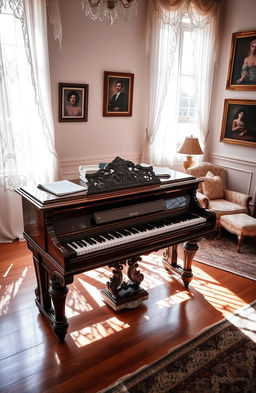 A beautifully crafted vintage piano set against a backdrop of an elegant, softly lit room