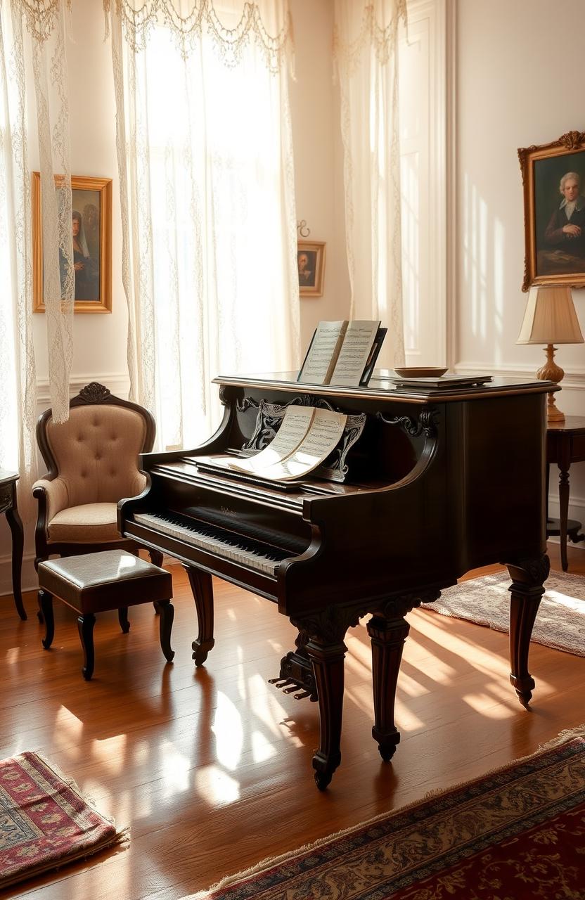 A beautifully crafted vintage piano set against a backdrop of an elegant, softly lit room