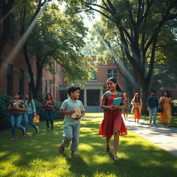 A lush green college campus in a small town, where students are walking around with books in hand