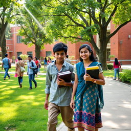 A lush green college campus in a small town, where students are walking around with books in hand