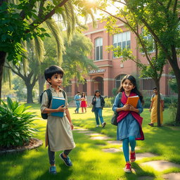 A lush green college campus in a small town, where students are walking around with books in hand