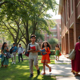 A lush green college campus in a small town, where students are walking around with books in hand