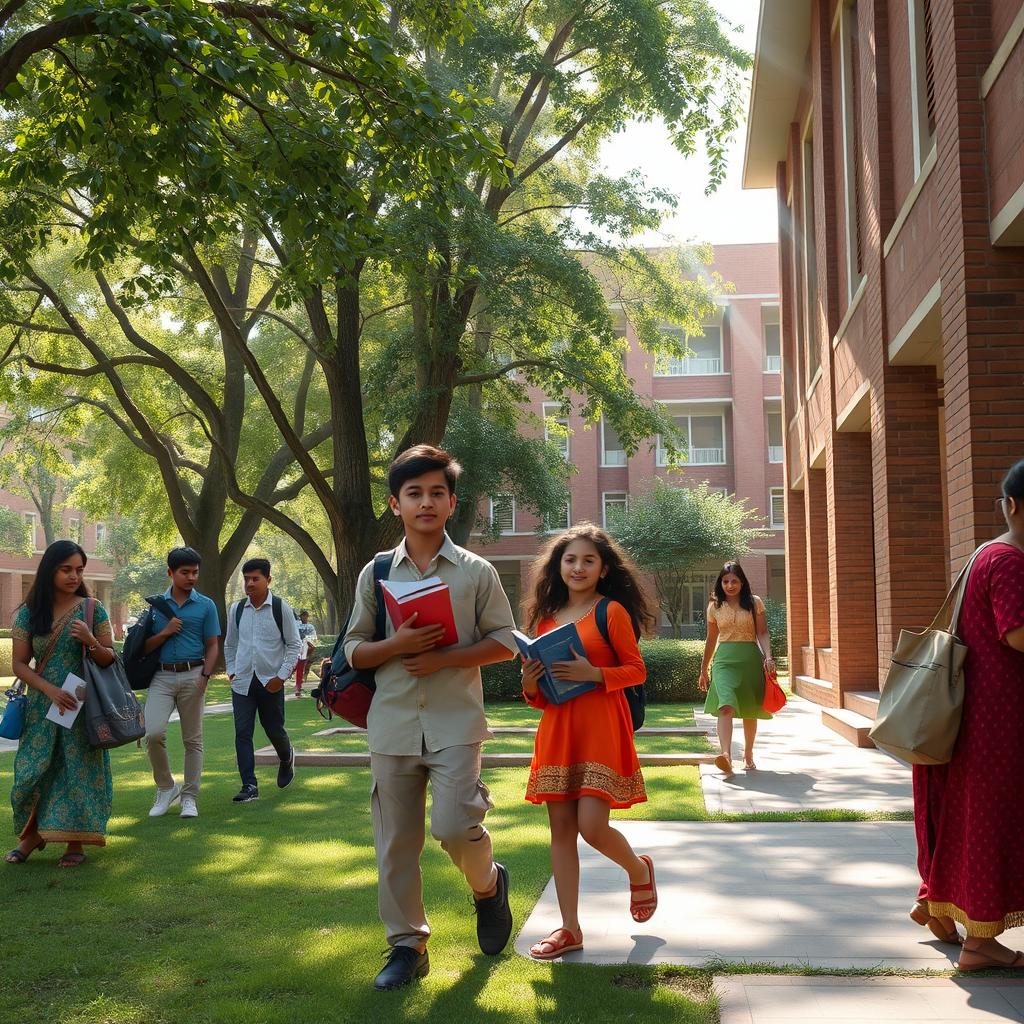 A lush green college campus in a small town, where students are walking around with books in hand