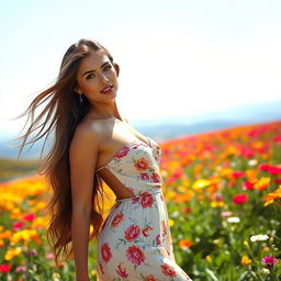 A beautiful woman with an alluring figure, featuring a stunning landscape background filled with vibrant flowers and a bright, clear sky