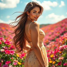 A beautiful woman with an alluring figure, featuring a stunning landscape background filled with vibrant flowers and a bright, clear sky