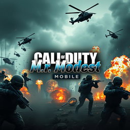 A dynamic profile banner for a Call of Duty Mobile streaming channel, featuring a thrilling action scene from the game with soldiers in combat, helicopters flying overhead, and explosions creating an immersive environment