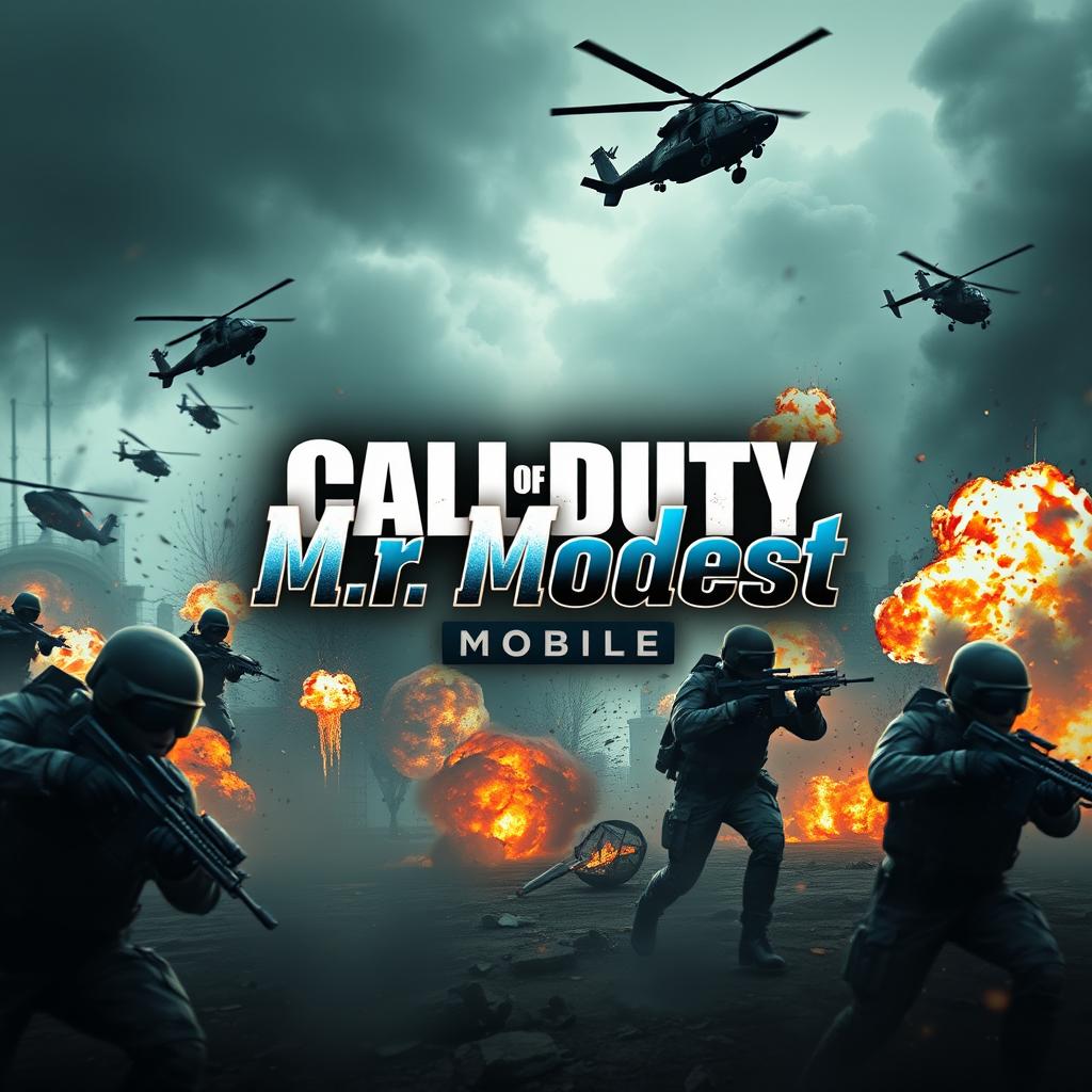 A dynamic profile banner for a Call of Duty Mobile streaming channel, featuring a thrilling action scene from the game with soldiers in combat, helicopters flying overhead, and explosions creating an immersive environment