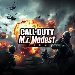 A dynamic profile banner for a Call of Duty Mobile streaming channel, featuring a thrilling action scene from the game with soldiers in combat, helicopters flying overhead, and explosions creating an immersive environment