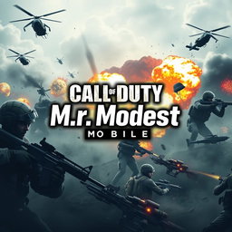 A dynamic profile banner for a Call of Duty Mobile streaming channel, featuring a thrilling action scene from the game with soldiers in combat, helicopters flying overhead, and explosions creating an immersive environment