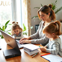 A mother working diligently from home, surrounded by her two daughters who are helping her with various tasks