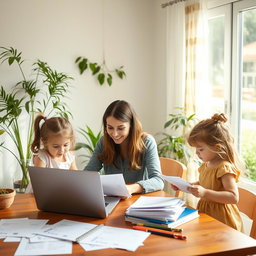 A mother working diligently from home, surrounded by her two daughters who are helping her with various tasks