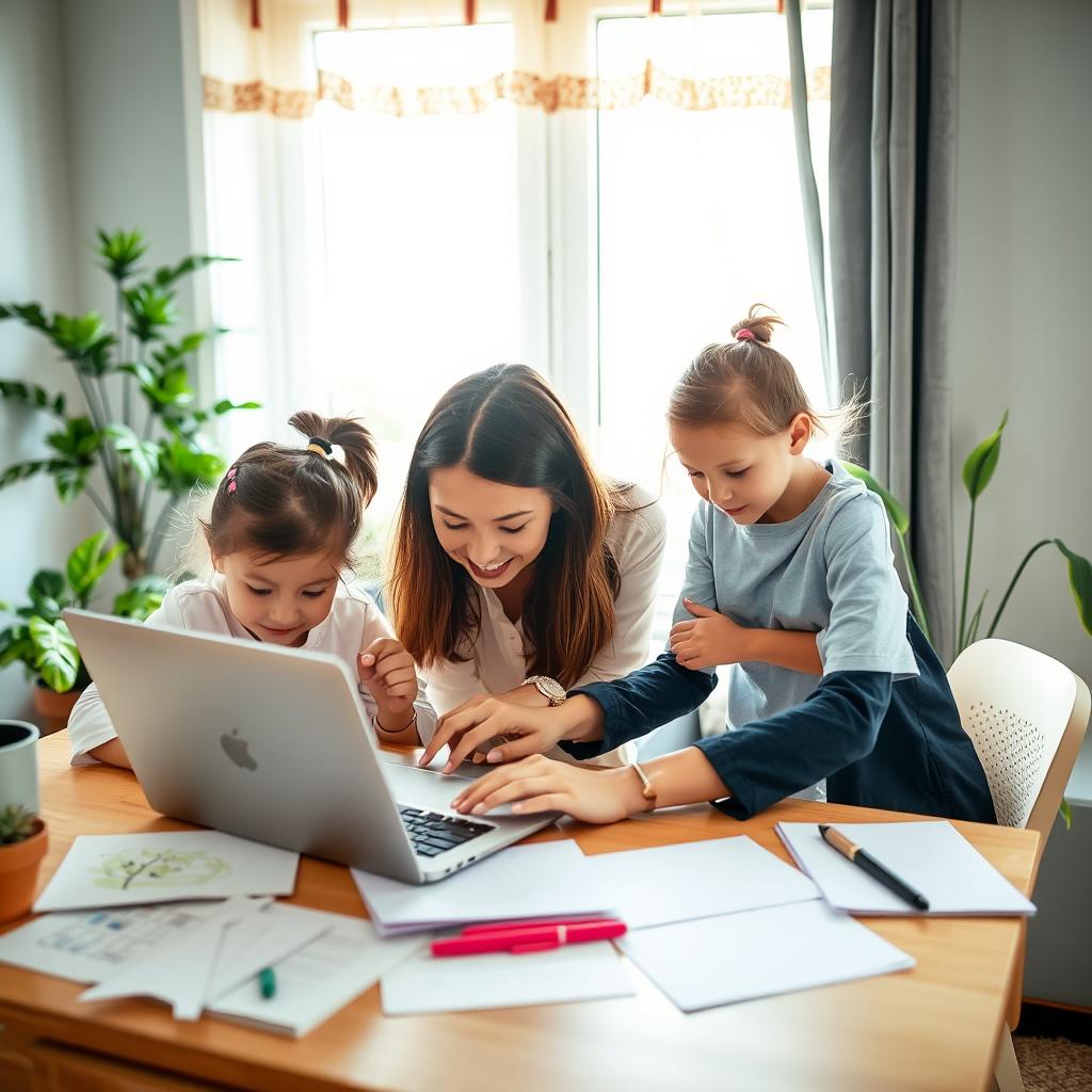 A mother working diligently from home, surrounded by her two daughters who are helping her with various tasks