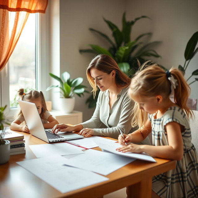 A mother working diligently from home, surrounded by her two daughters who are helping her with various tasks