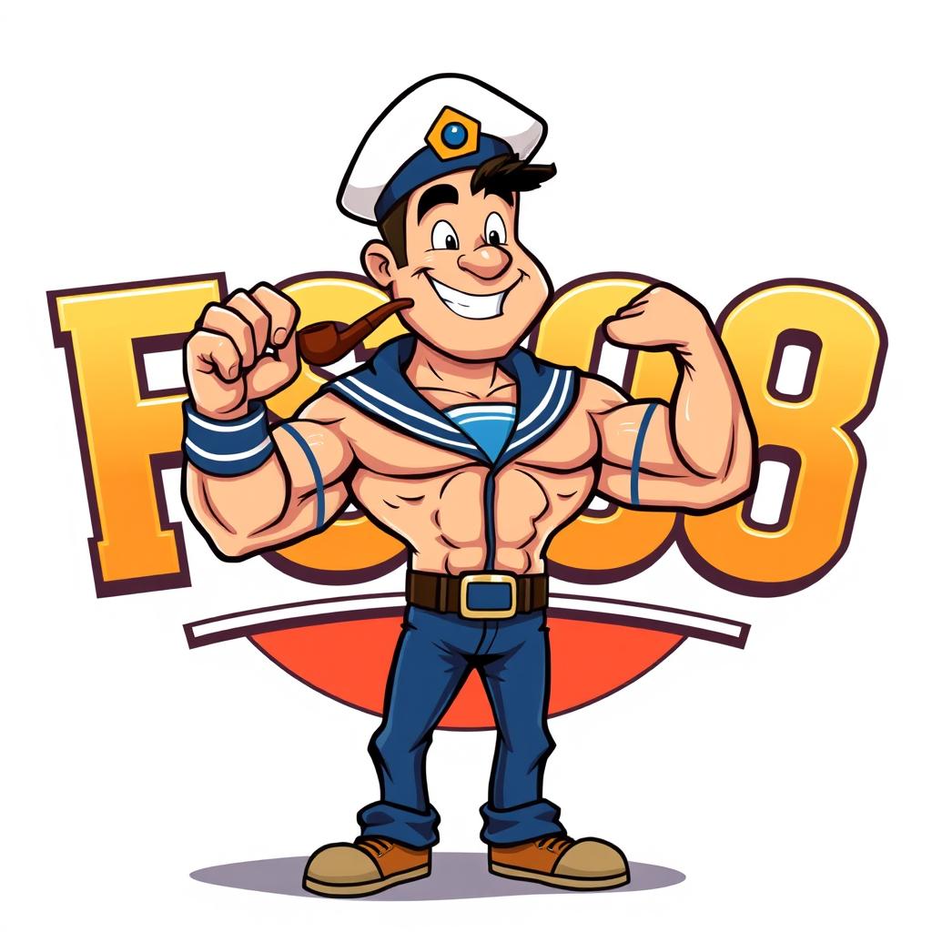 An illustration of a muscular sailor with a pipe, inspired by classic cartoon features, wearing a sailor hat and navy outfit, flexing his biceps proudly