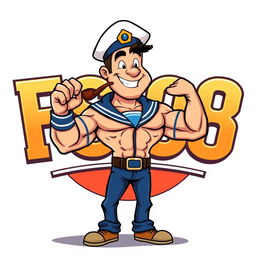 An illustration of a muscular sailor with a pipe, inspired by classic cartoon features, wearing a sailor hat and navy outfit, flexing his biceps proudly