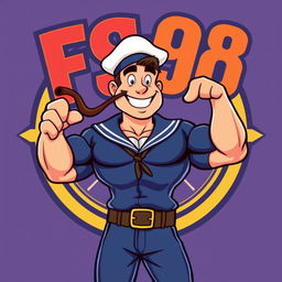 An illustration of a muscular sailor with a pipe, inspired by classic cartoon features, wearing a sailor hat and navy outfit, flexing his biceps proudly