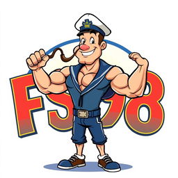 An illustration of a muscular sailor with a pipe, inspired by classic cartoon features, wearing a sailor hat and navy outfit, flexing his biceps proudly