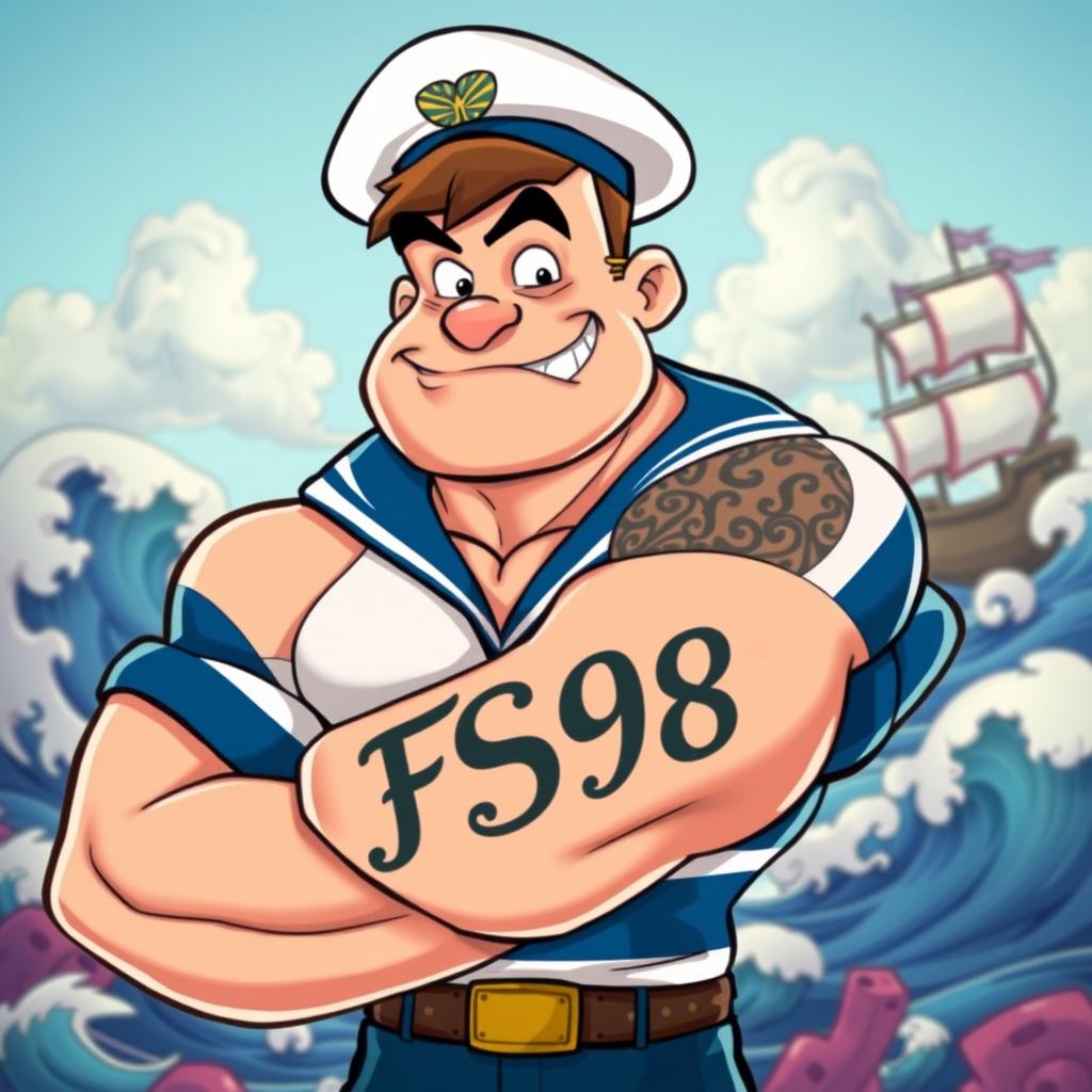 A muscular cartoon sailor character, inspired by Pop-eye the Sailor, showcasing a prominent tattoo that reads 'FS98' on his forearm
