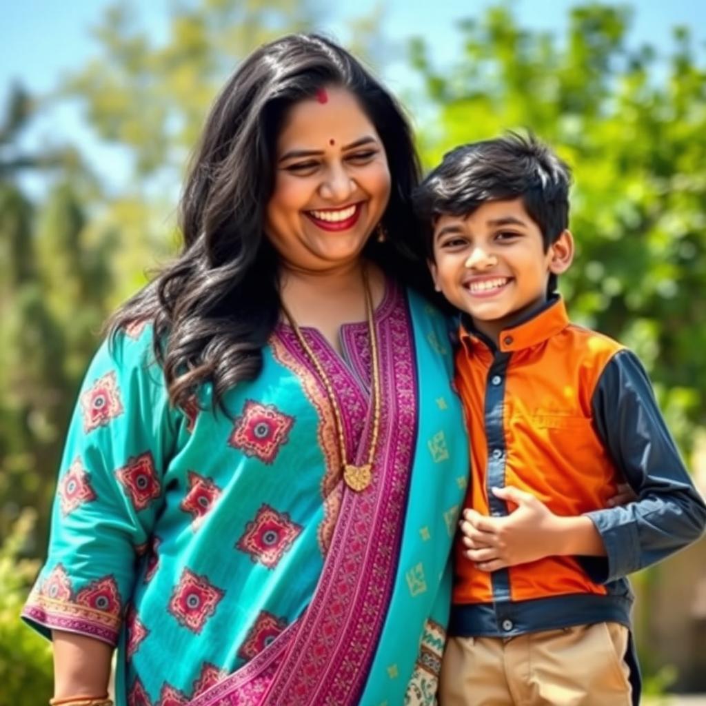 A mature Indian woman of plus-size stature, celebrating her beauty and confidence, wearing a vibrant traditional outfit with intricate patterns