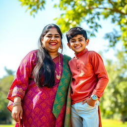 A mature Indian woman of plus-size stature, celebrating her beauty and confidence, wearing a vibrant traditional outfit with intricate patterns
