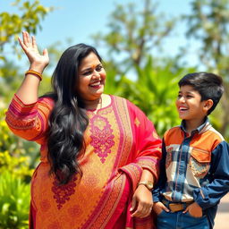 A mature Indian woman of plus-size stature, celebrating her beauty and confidence, wearing a vibrant traditional outfit with intricate patterns