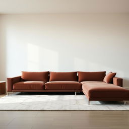 A long, elegant sofa featuring a rich choco mousse color, with a soft and luxurious texture