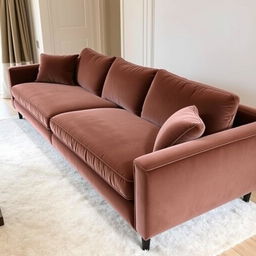 A long, elegant sofa featuring a rich choco mousse color, with a soft and luxurious texture