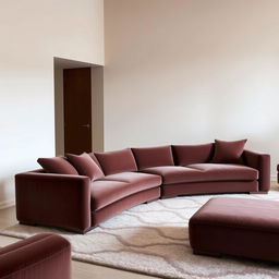 A long, elegant sofa featuring a rich choco mousse color, with a soft and luxurious texture