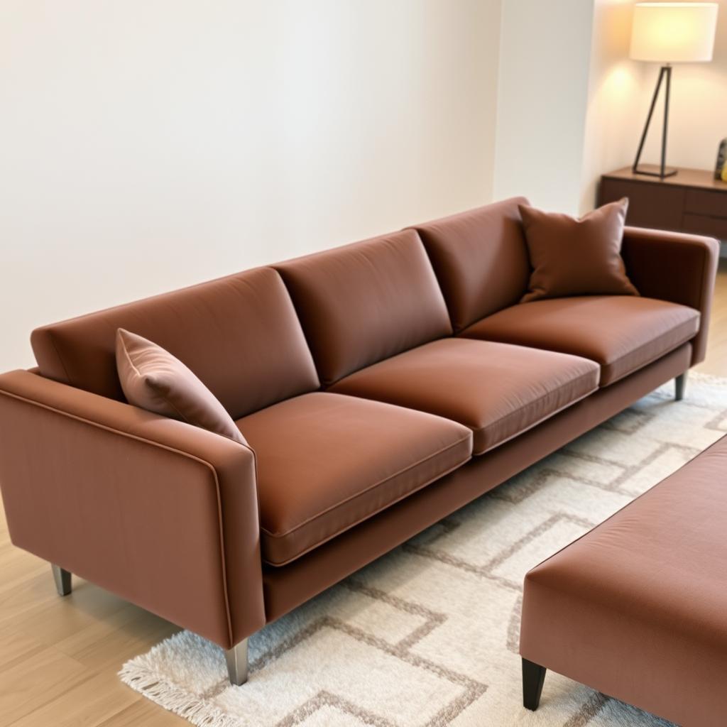 A long, elegant sofa featuring a rich choco mousse color, with a soft and luxurious texture